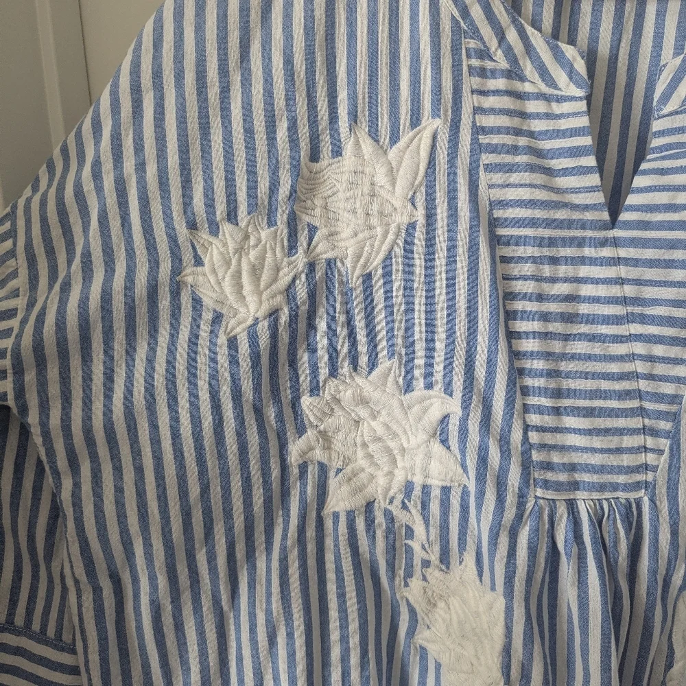 Blue and White Striped Cotton Embroidered Summer Tunic Size XL - Picture 5 of 7